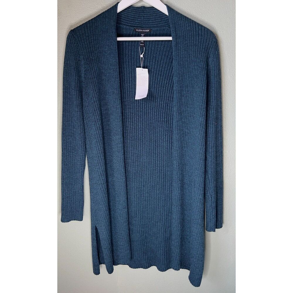 NWT Eileen Fisher Alpine Ribbed 100% Merino Wool Long Green Cartigan Size XS